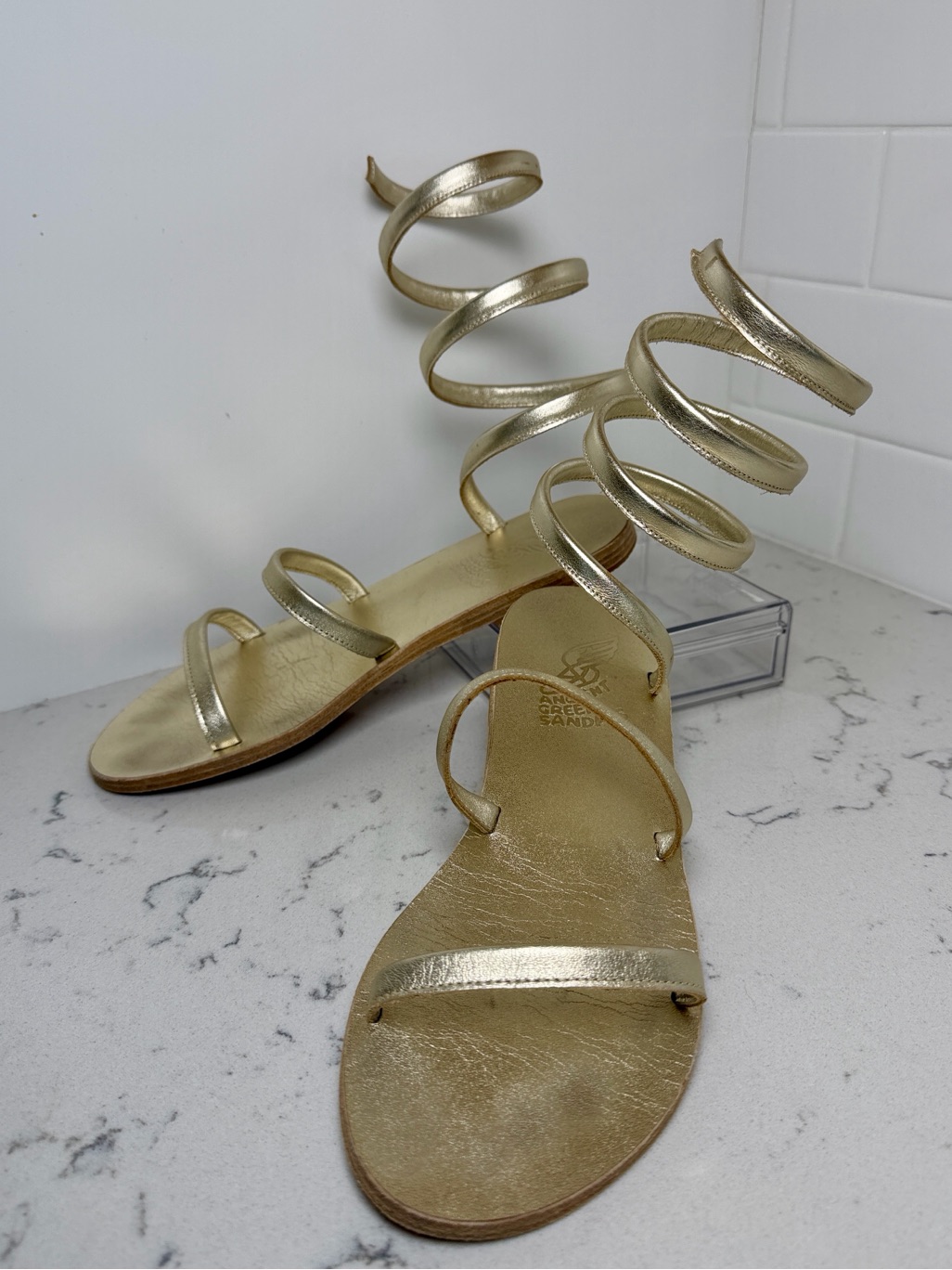 Ancient Greek Gladiator Sandals Gold Spiral Wrap Leather Size 8.5 - 9 Us